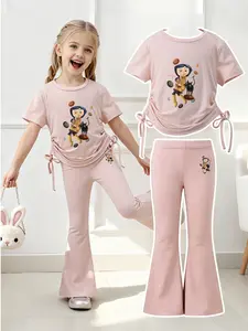 Summer Girls' Set, Coraline Character Print, Cool Style, Home Wear, School, Street Play, Drawstring Short Sleeve Flare Pants Two-Piece