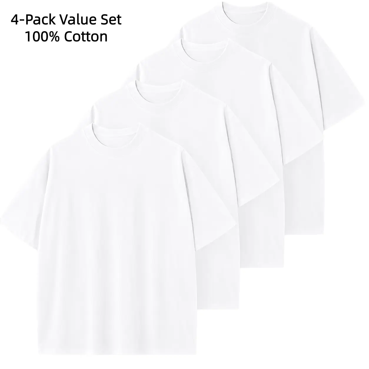 Men's 4-Pack Heavyweight Baggy Short Sleeve T-Shirts, 100% Cotton Soft & Breathable Round Neck White Blanks for DIY & Layering