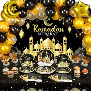 167 count Eid Mubarak Party Decoration Ramadan Mubarak Backdrop Banner Tablecloth Eid Al-Fitr Balloon 16 Set Eid Tableware Plates Cups Napkins Cutlery for Home Muslim Ramadan Party Supplies(Black)