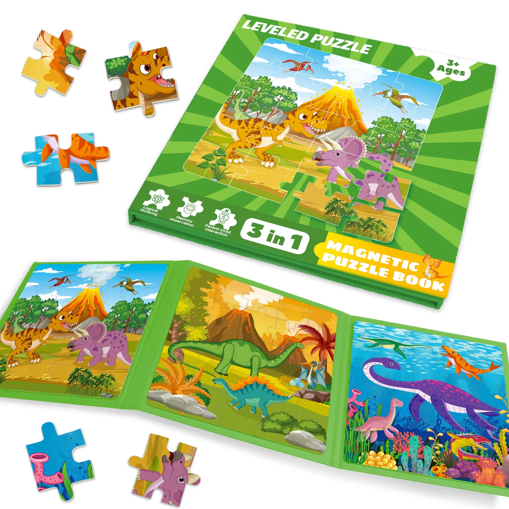 Dinosaur Puzzles for 4-6 Year Olds 3 in 1 Magnetic Puzzle | Creative Puzzle | Educational Preschool Puzzle | Boys Toys Montessori Puzzles Gift for Birthday and Christmas Jigsaw Puzzles Animal Shape Puzzle