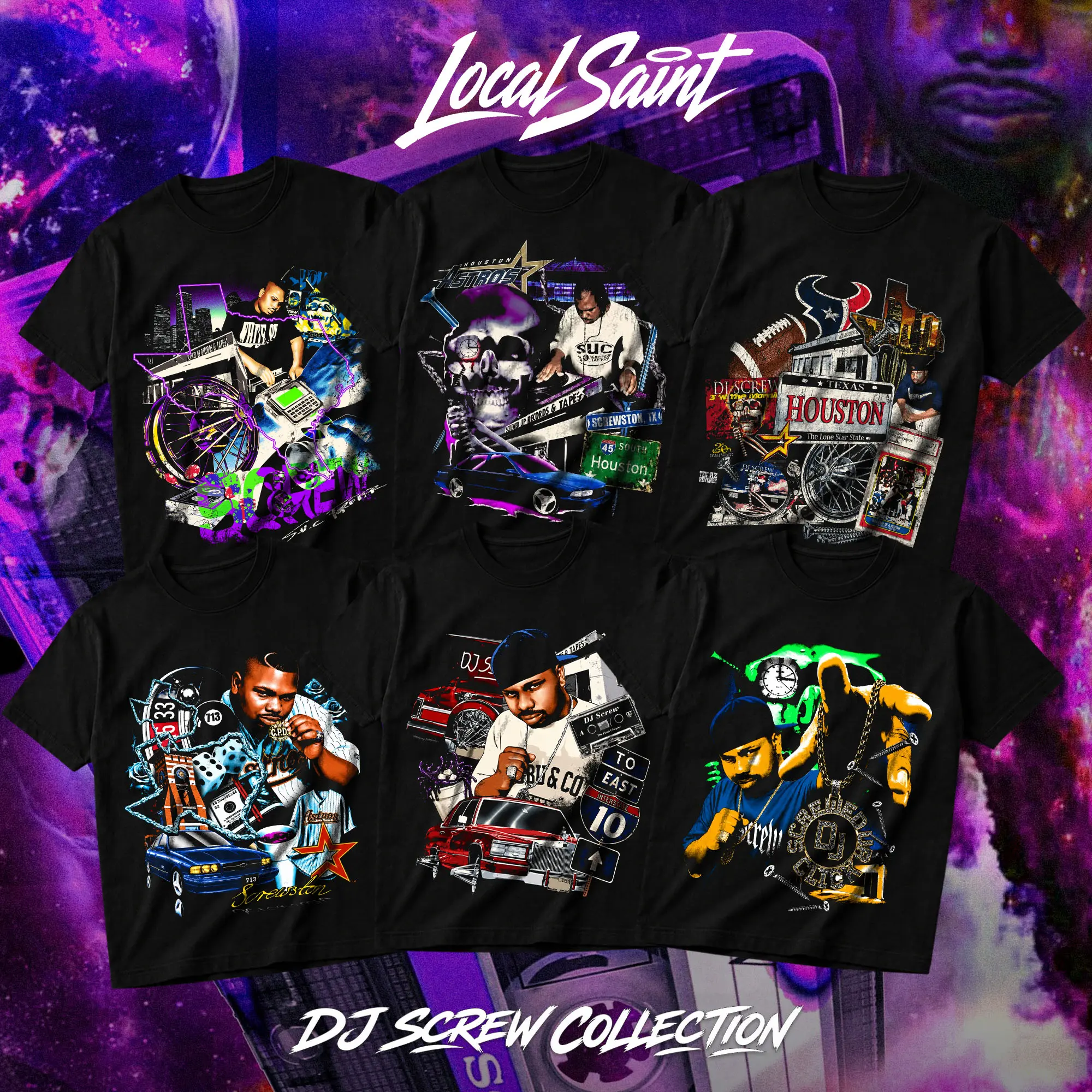 LOCALSAINT DJ Screw Collection Heavy Cotton Unisex Graphic T-Shirt Hoodie Houston Texas Screwed Up Click DJ Screw 713 Crewneck Tee, Vintage Streetwear Graphic T-Shirt Direct To Garment Breathable Print