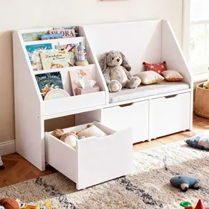 DAYAGO Bookcase with with Reading Nook, Soft Cushion and 3 Drawers with Hidden Wheels, 3 Tier Shelves, Spacious Storage for Toys and Kid's Books