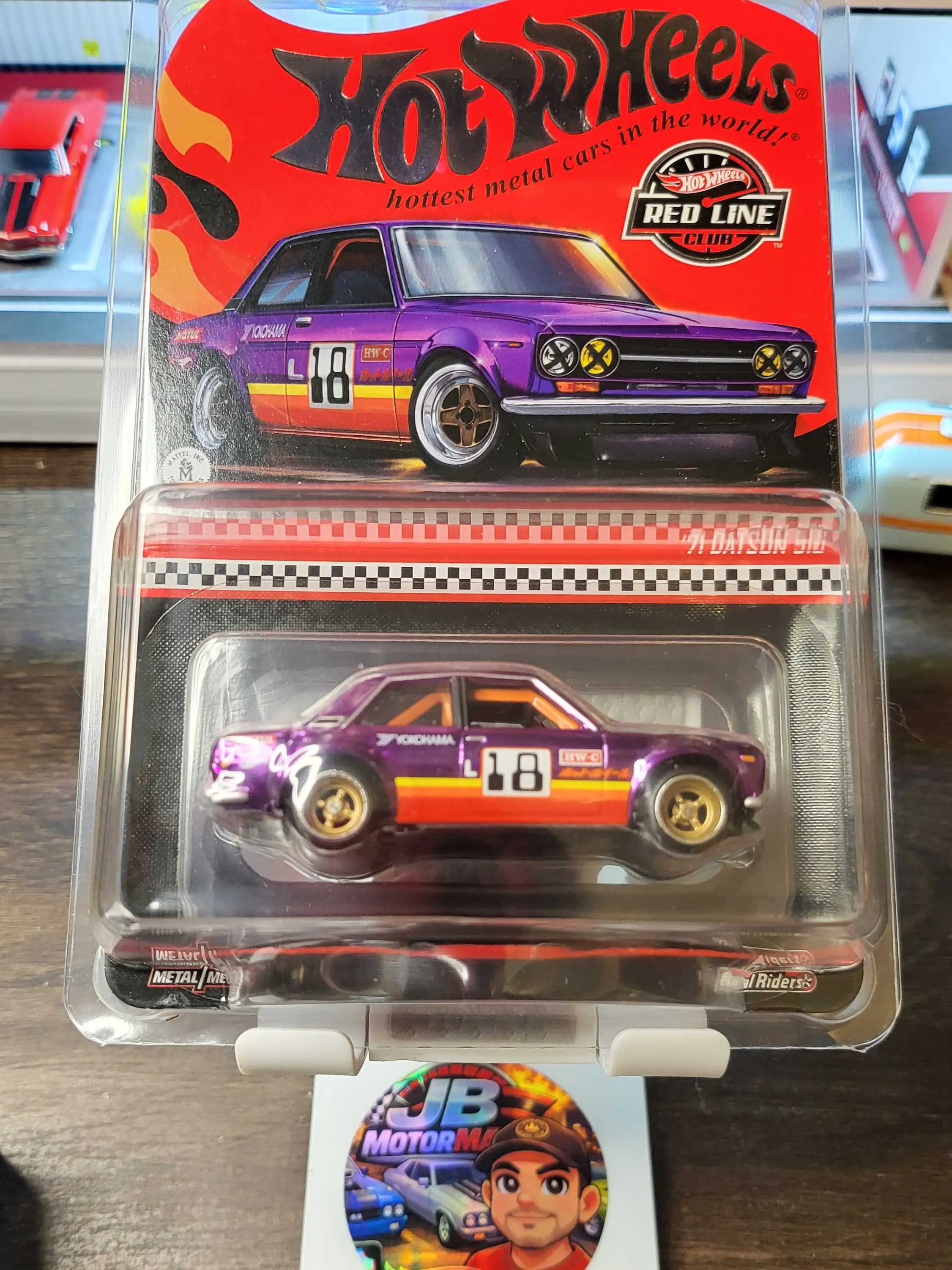 Hot Wheels RLC Exclusive ’71 Datsun 510 Model Car, Black with Orange Roll Cage, Light Smoke-Tinted, Metallic Gold, Opening Hood with Engine Details