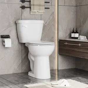 GARVEE Two Piece Toilet with ADA Height, Elongated Ceramic Bowl and Locking PP Lid - Side Push Handle, CUPC Certified, Water Efficient 1.28 GPF, Modern Design