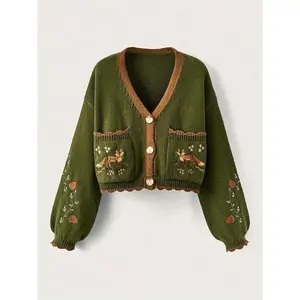 Button Front Embroidered Cardigan, Long Sleeve Cardigan For Fall & Winter, Women's Clothing Casual Fabric cardigan woman short Knitwear Womenswear Polyester Animals Vneck Army Green Tops Fitted Knitting