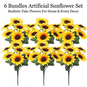 6 Bundles 7-Head Artificial Sunflowers, Realistic Silk Fake Sunflower Stems with Flocked Centers & Bendable Stems, Yellow Gradient Faux Flowers for Wedding Party Home Decor, Maintenance-Free DIY Floral Arrangement, Artificial Flower Arrangements