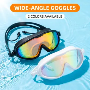 Large Frame Electroplated Swimming Goggles Waterproof Anti-fog Wide View Soft Frame with Attached Ear Plugs