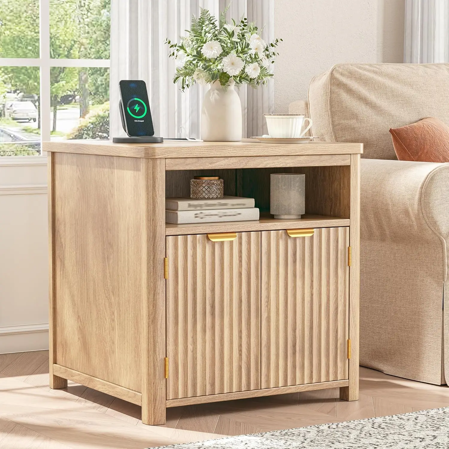 Raybee Fluted Face Nightstand with Charging Stations - 23.6in Wide Natural Oak Modern Furniture, Curved Edge Farmhouse Bedroom Bedside Table with Spacious Drawer