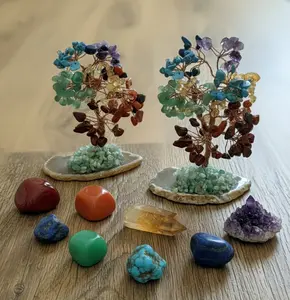 Seven Chakras Tree / Natural Stone Lucky Tree with Colorful Gravel and Agate Slice Base - Copper Wire Wrapped / Gemstone Bonsai /Feng Shui/ Home Decor for Wealth and Good, Spiritual Decoration for Abundance, Prosperity and Harmony for Home or Office