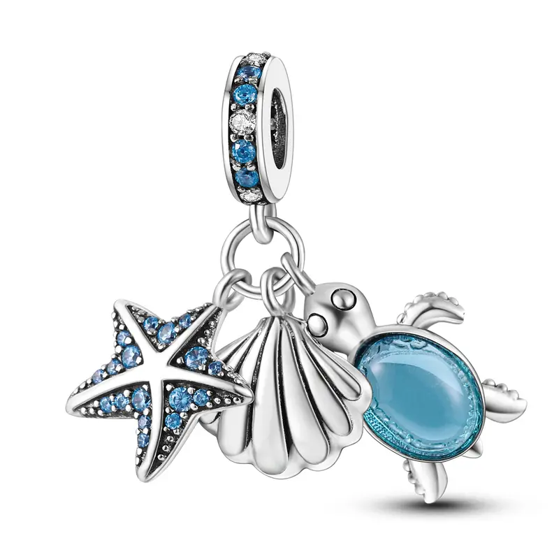 MULA Silver Plated Ocean Charm Set with Starfish Scallop Sea Turtle Blue CZ & Glass Summer Beach Dangle Beads Fits Most Bracelets & Necklaces Birthday Beach Lover Gift for Her DIY Jewelry