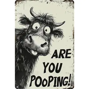 1 pc Vintage Highland Cow Bathroom Decor Sign – Black & White Funny “Are You Pooping?” Aluminum Wall Plaque, 8 x 12 Inch