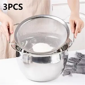 3pcs Stainless Steel Rice Washing Bowls, Fine Mesh Strainer with Handles, Oil Filter, Flour Sieve, Easy Clean Kitchen Tools