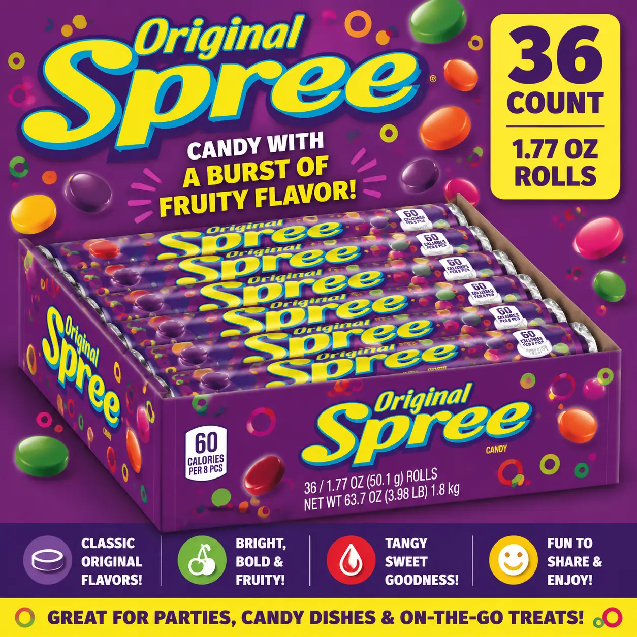 Spree Original Candy 1.77 oz 36 Count  Sweet & Tart Fruit Candy Rolls | Crunchy Colorful Candy for Parties & Snacking