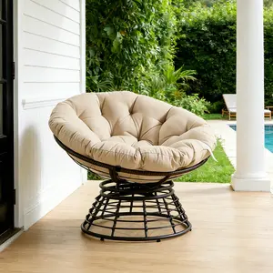 Papasan Chair with 360° Swivel, Brushed Knit Fabric Cushion – Beige Round Reading Chair with Wicker-Wrapped Frame for Outdoor & Indoor – Heavy Duty Steel Frame