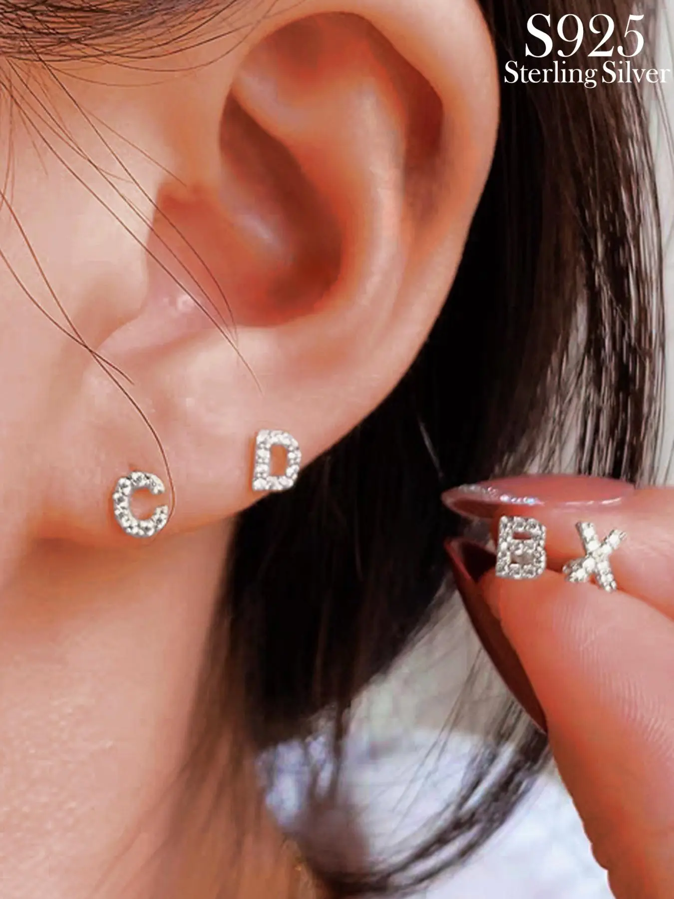 925 Sterling Silver Fashion Alphabet Design Stud Earrings, Rhinestone Decor Earrings, Trendy Exquisite Ear Jewelry for Women, Daily Clothing Decor, Studs Earrings, High Quality Earrings, Sparkling Ear Jewelry