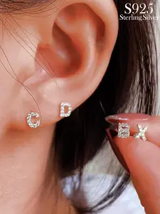 925 Sterling Silver Fashion Alphabet Design Stud Earrings, Rhinestone Decor Earrings, Trendy Exquisite Ear Jewelry for Women, Daily Clothing Decor, Studs Earrings