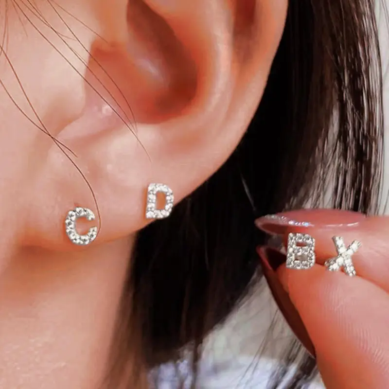 925 Sterling Silver Fashion Alphabet Design Stud Earrings, Rhinestone Decor Earrings, Trendy Exquisite Ear Jewelry for Women, Daily Clothing Decor, Studs Earrings, High Quality Earrings, Pretty Studs, Sparkling Ear Jewelry