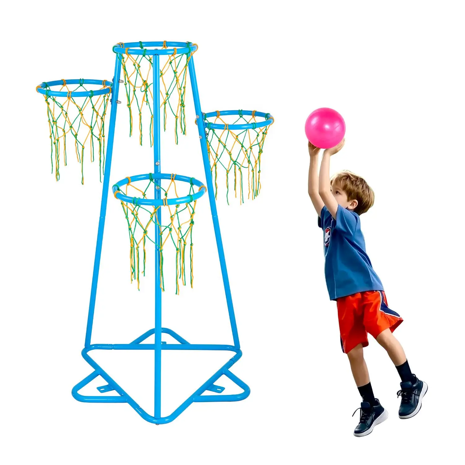 VEVOR Kids Basketball Hoop - 4-Hoop Metal Frame Set, 55.5 Inches Adjustable Height, Portable Setup with 3 Balls, Indoor/Outdoor Toy for 6–8 Years Boys & Girls, Christmas Back to School Gift
