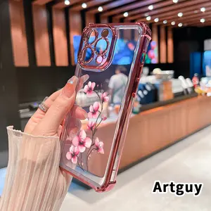 Electroplated Four Corner Anti-Fall Pink Petal Poetry Pattern Phone Case for iPhone 16 Pro Max 15 Plus 14 13 12 11 E Shockproof Transparent Protective Cover