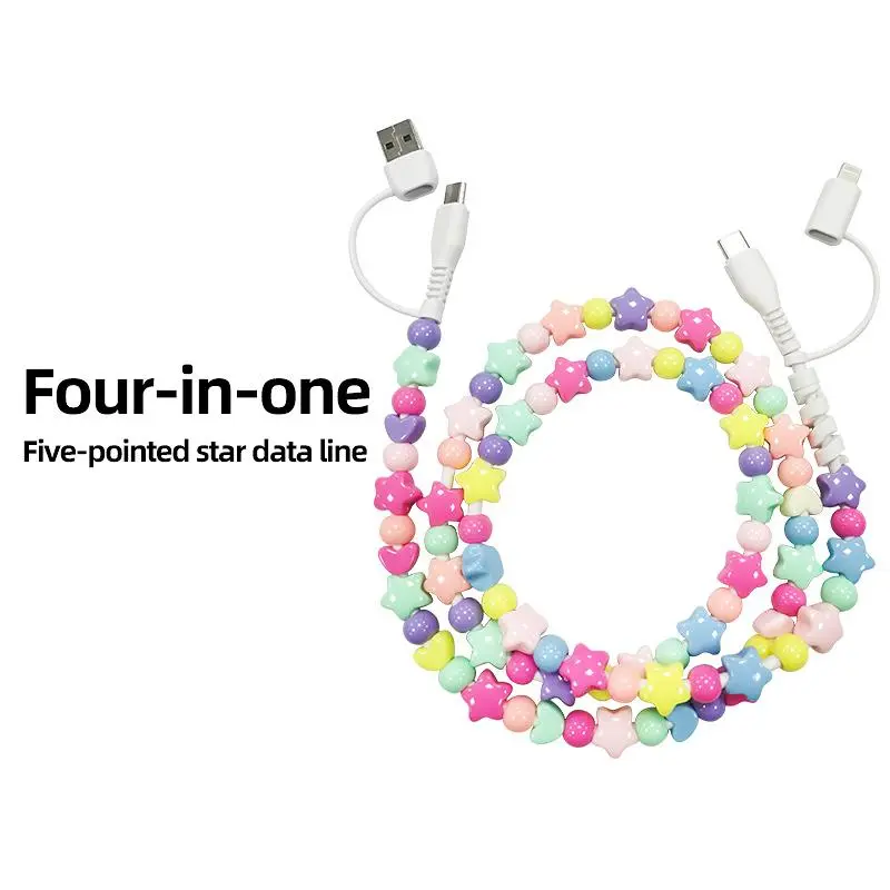 Beaded Charging Cords - 4-in-1 USB-C Cable for USBC & Lightning, 2-in-1 Data Line, Universal Compatibility, Versatile & Convenient