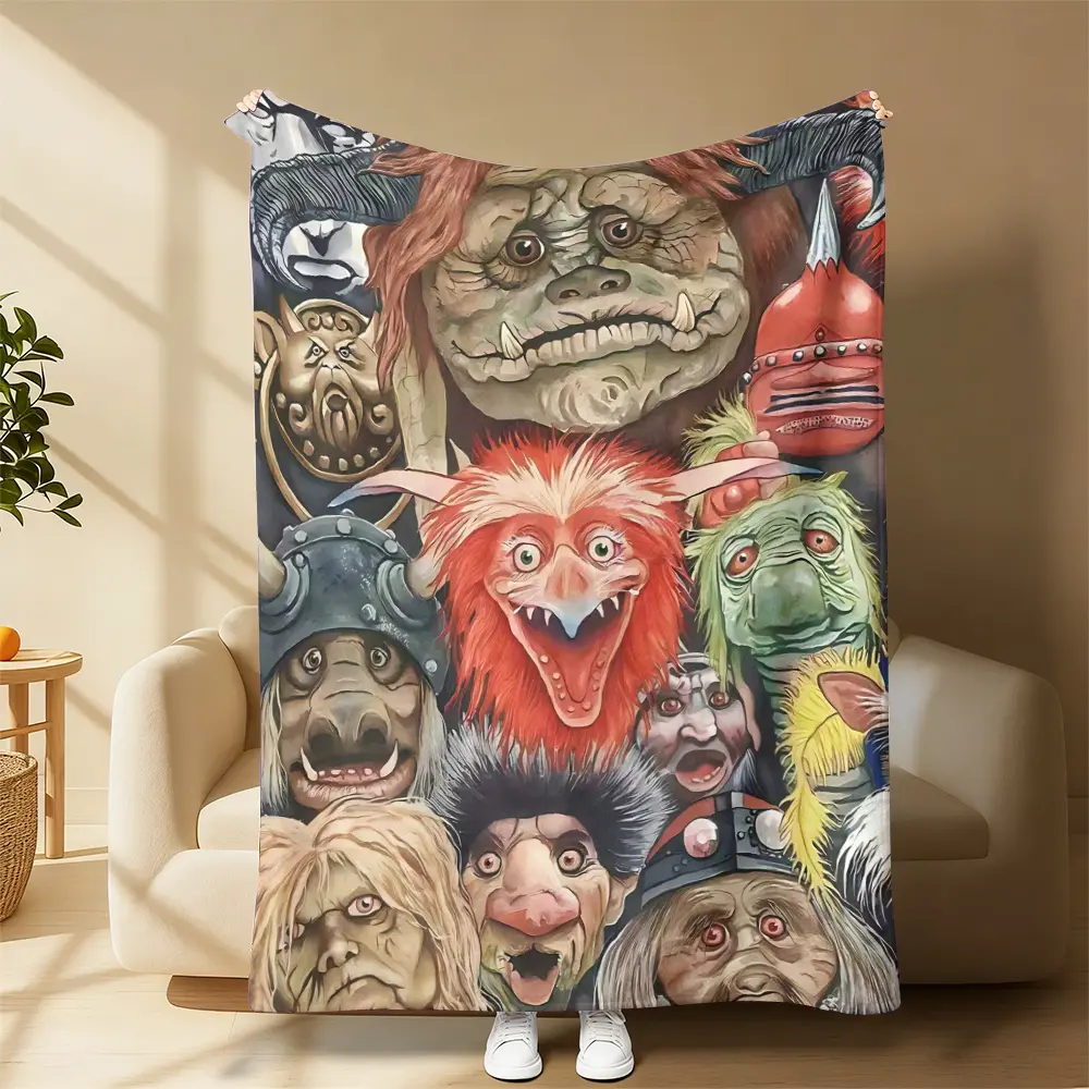 Labyrinth Movie Goblin Characters Collage Print Multifunctional Flannel Throw Blanket - Jim Henson 80s Retro Dark Fantasy Film Soft Plush Fleece, Home Decor Gift For Fans, Sofa Bedroom Use, Multifunctional Blanket