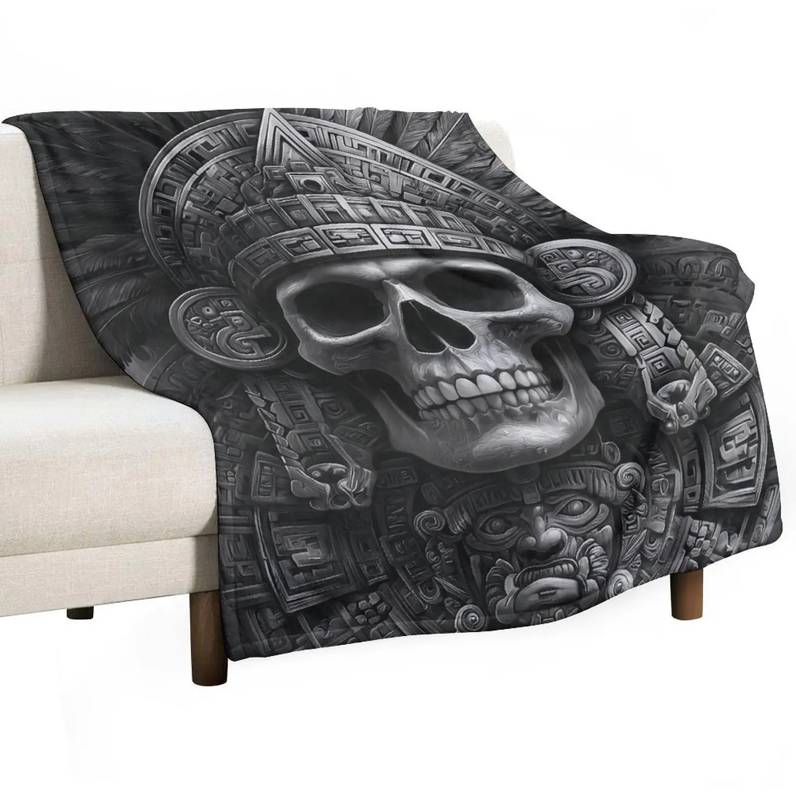 Aztec Skull & Maya Feathered Serpent Print Flannel Blanket - Cozy Throw for Bed, Decorative Sofa Blanket, Native American Inspired Warm Soft Cover, Cozy Throw Blankets