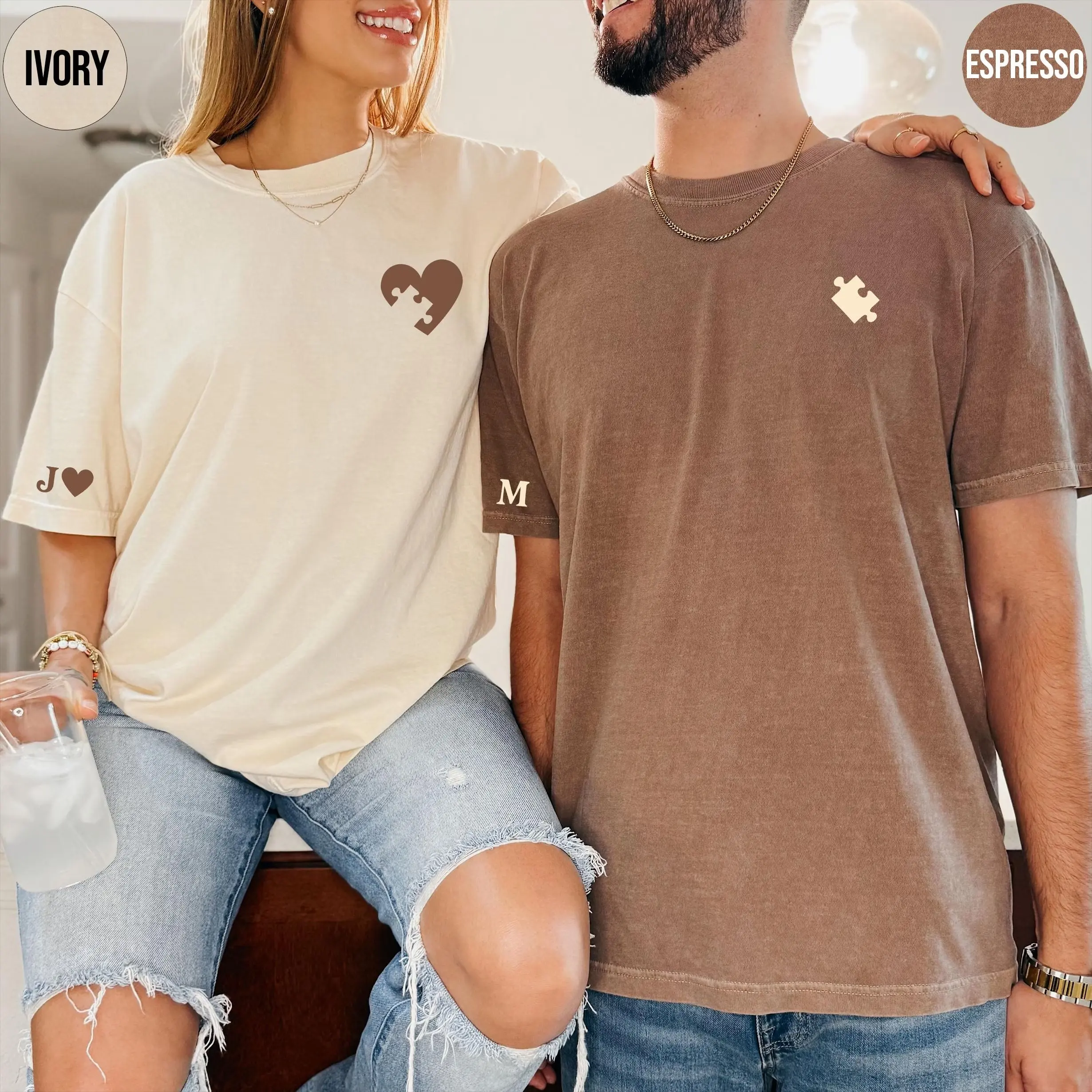 Comfort Colors Matching Couples Shirts, Custom Heart and Puzzle Piece Shirt, Personalized Couple Shirt, Valentines Day Gift