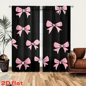 2D Flat 2Pcs Pink Bowknot Pattern Curtains, Rod Pocket Style, Semi Sunshade, Suitable for Home Living Room, Bedroom, Balcony Window Decor, Modern Aesthetic Anti-Privacy .