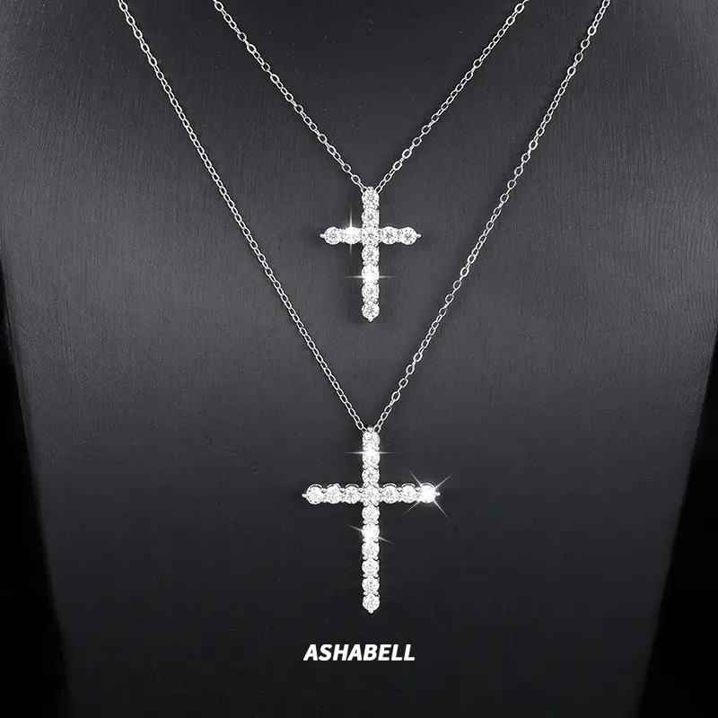 Women’s S925 Fine Silver Trendy Hip-Hop Cross Necklace, D-Color Lab Created Moissanite Pendant Jewelry with Instant Diamond Test Pen, Gold Accent Cross Necklace