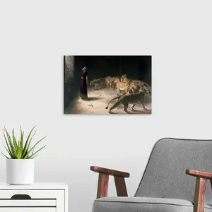 1One painting of Daniel among the lion group, black ink print on canvas, wall art print, created by an English artist (1840 - 1920), Rivière, traditional style, home decoration, lion, Christian art piece.