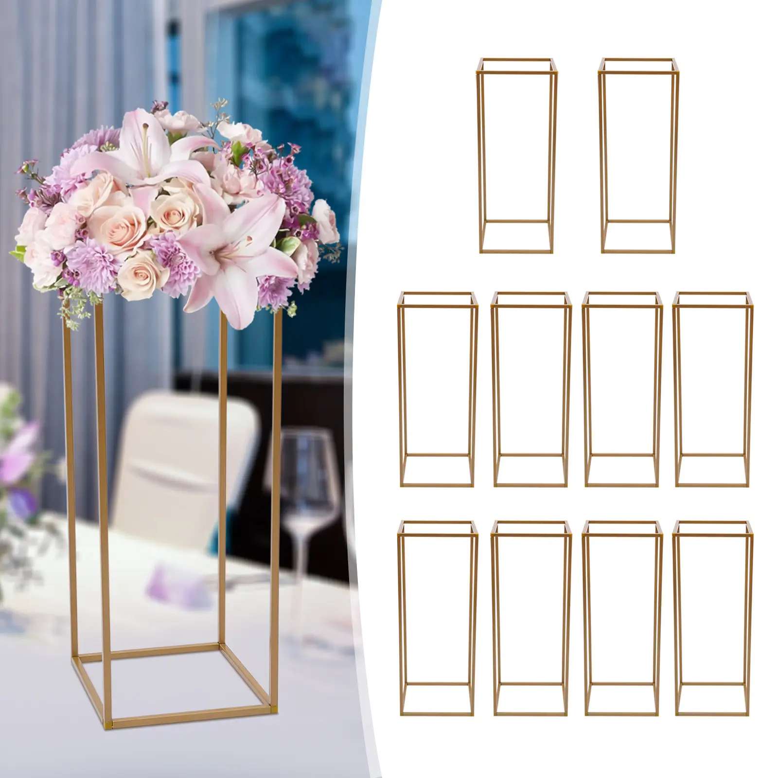10-Pack Heavy-Duty Modern Gold Metal Flower Stands (24x24x60cm, 10kg Load) - Party Decoration Supplies, Table Centerpieces Decor, Holiday Decor, Decorative Stick Centrepieces, Festive Decorative Centrepieces for Weddings, Bouquet Displays
