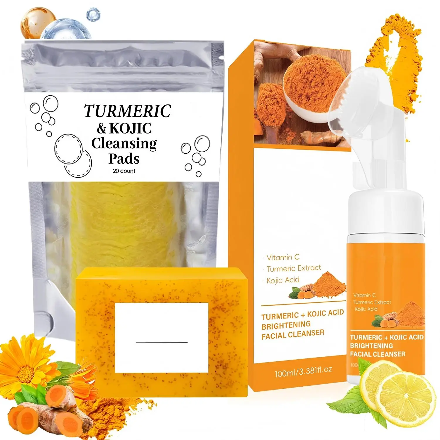3pcs-Turmeric Wash and Care Three Piece Set,Turmeric Facial Cleanser & Turmeric Soap Bar & Turmeric Face Scrub Pads,Face & Body Cleanser,Turmeric Cleansing Skincare Set, Deep Cleansing