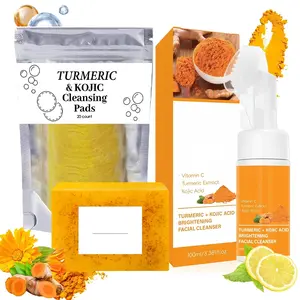 3pcs-Turmeric Wash and Care Three Piece Set,Turmeric Facial Cleanser & Turmeric Soap Bar & Turmeric Face Scrub Pads,Face & Body Cleanser,Turmeric Cleansing Skincare Set, Deep Cleansing