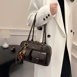 Women's Retro Shoulder Bag Brown Handbag Y2K Multifunctional Shoulder Bag Hobo Handbag with Pendant