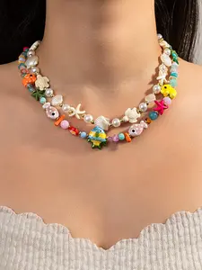 Bohemian Style 2 Piece Colorful Ceramic Elephant and Fish Bead Necklace, Layered Imitation Pearl Starfish Design for Daily Wear, Daily Wear Accessory