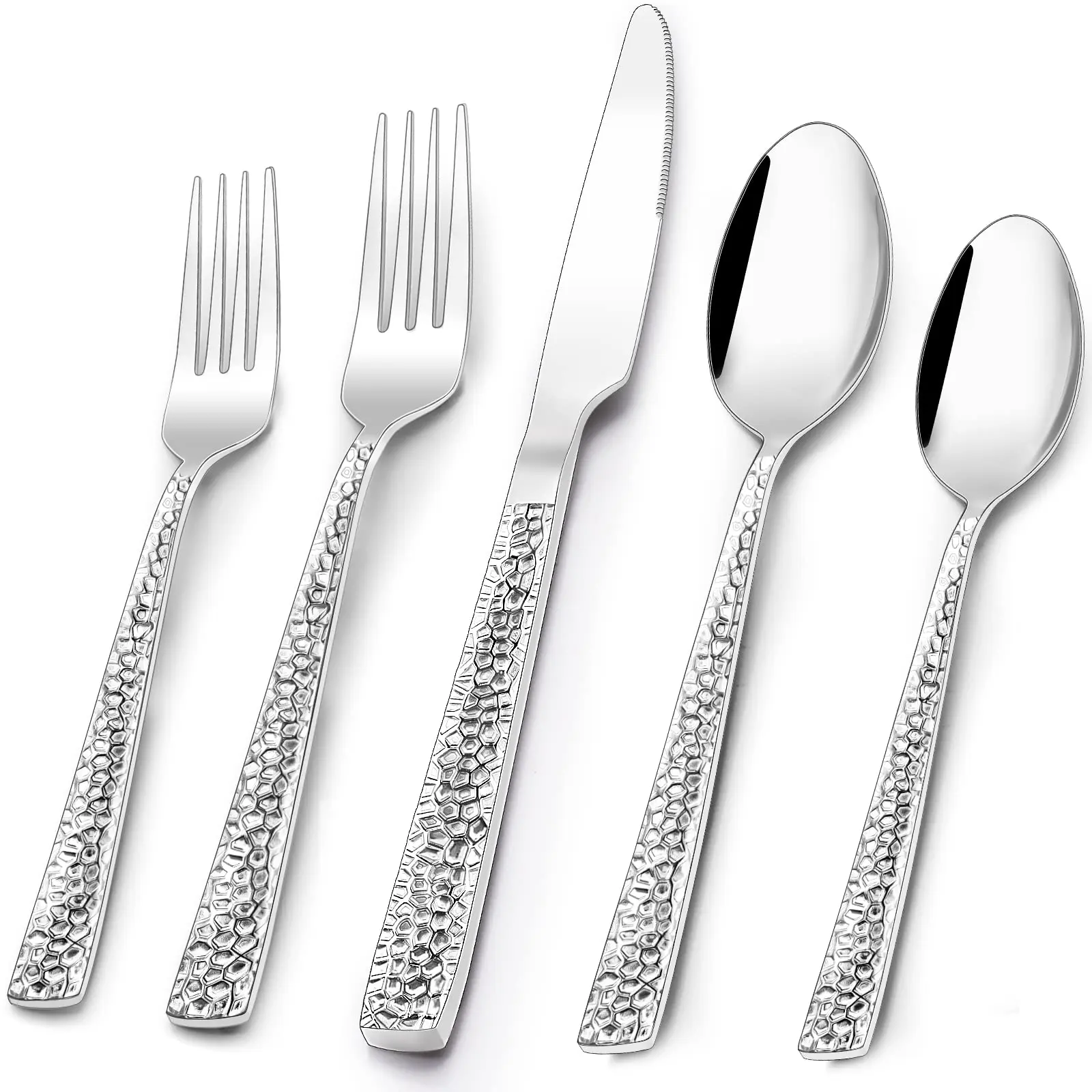 60-Piece Hammered Silverware Set for 12, Stainless Steel Square Flatware Cutlery Set, Eating Utensils Sets Include Knife Fork Spoon, Modern Design & Mirror Polished - Dishwasher Safe