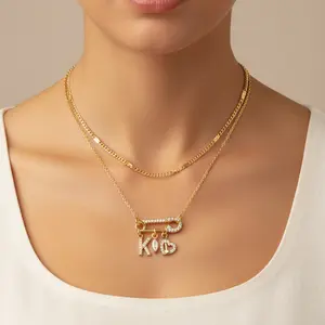 MEIITRUE Safety Pin Initial Letter Pendant Necklace for Women, 14K Gold Plated Alphabet Layering Necklace , 5A CZ Jewelry