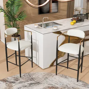 Christopher Knight Home ®   Barstools Set of 2, Upholstered Bar Stools with Back for Kitchen Island, Beige Faux PU Leather Seating Black Iron Legs 260LBS Weight Capacity