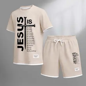 Men's JESUS Cross Print Drawstring Shorts Set For Spring/Summer. Including A Short-Sleeved Shirt And Shorts, Suitable For Everyday Wear And Sports. A Two-Piece Set For A Relaxed And Energetic Lifestyle.