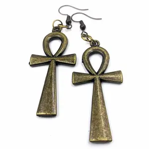 Egyptian Ankh Earrings - 2 inch Bronze Plated - Hypoallergenic Ankh Earrings