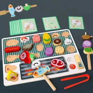 Kitchen Toy Set, BBQ Role Play Game, Wooden Mini Grill Cooking Toys, Birthday Gift for Boys and Girls Aged 3+