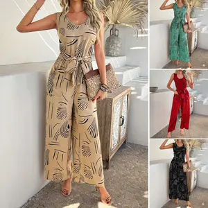 Women's 2-Piece Polyester Bohemian Plant Print Jumpsuit Set - Wrap V-Neck, Sleeveless, Belted High-Waist Wide-Leg Below-Knee Pants, Casual Outfits, S-XL Sizes