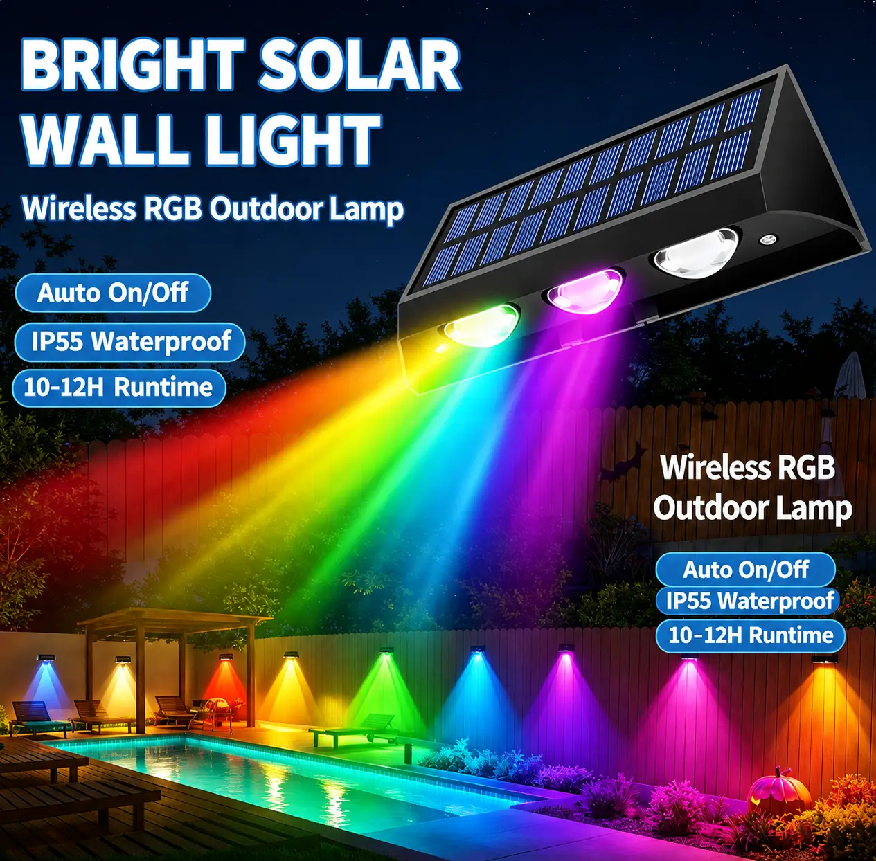 Stick & Enjoy! RGB Solar Fence Lights 4 Pack – 9 Modes IP65 Waterproof Auto Dusk-to-Dawn Outdoor Wall Lights, Easy Install Decorative Lighting for Patio, Garden, Yard, Deck