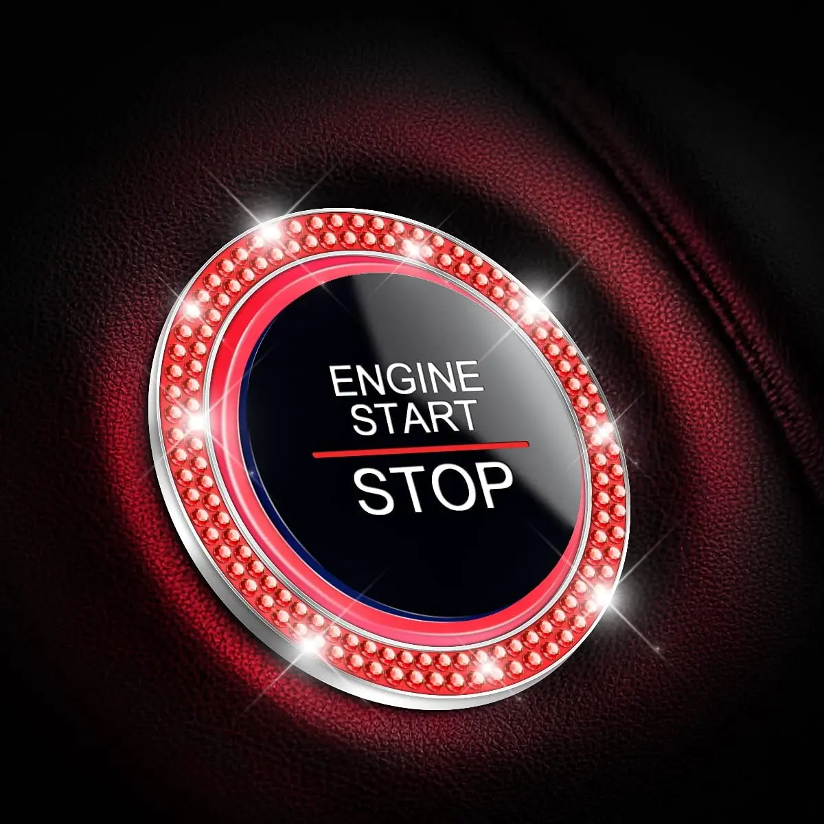 Bling  Rhinestone Engine Start Ring , 2 Pack  Push Start Button Cover/Sticker, Key  Knob Bling Ring, Sparkling  Interior Accessories for Women (Red)