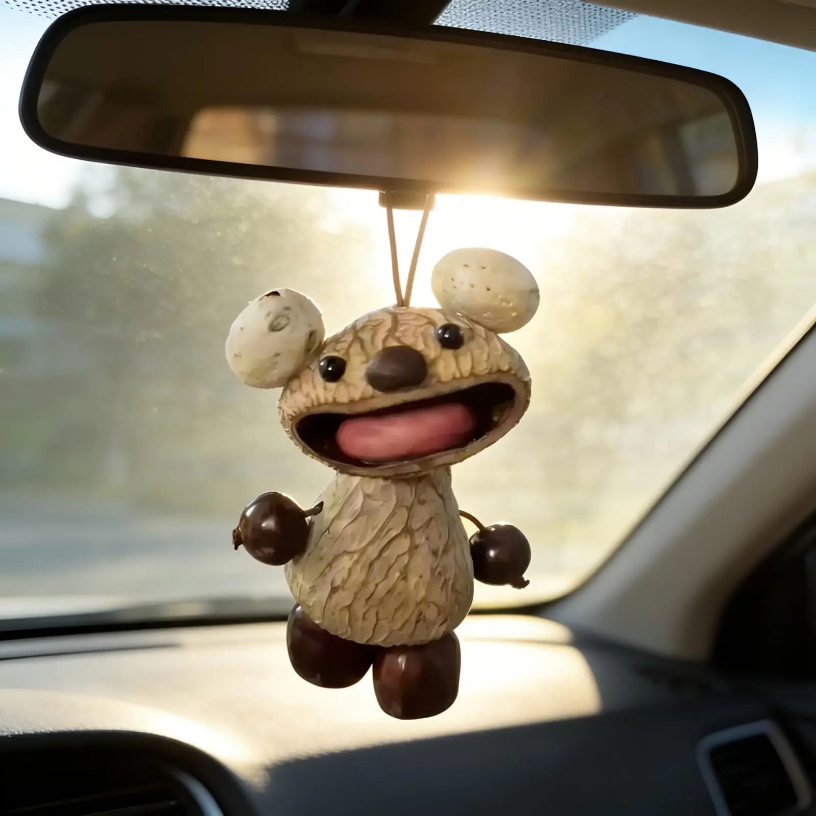 Handmade Cartoon Pendant Keychain - Cute Eco-Friendly Natural Fruit Shell, Wooden Bear Shaker with Clip, Stress Reliever Calming Sound Car Interior Decoration for Kids 3+ & Adults