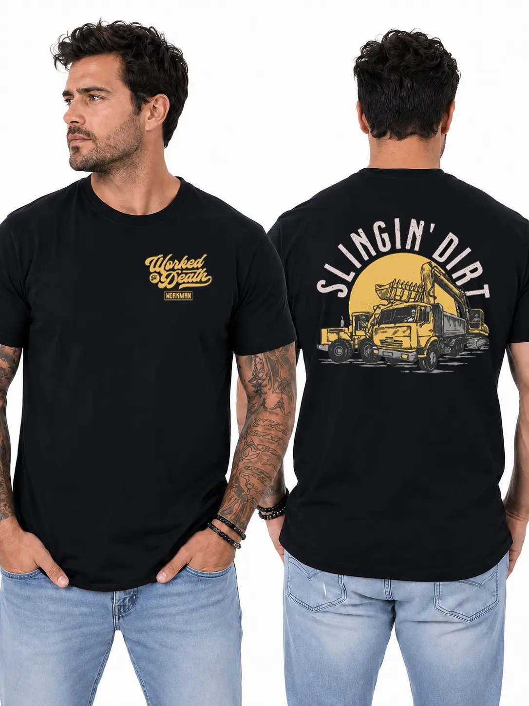 Slingin’ Dirt Construction T-Shirt, Excavator Dump Truck & Wheel Loader Graphic Design, Heavy Equipment Work Shirt for Machine Operators & Construction Workers, Gift for Dirt Crew or Equipment Operators