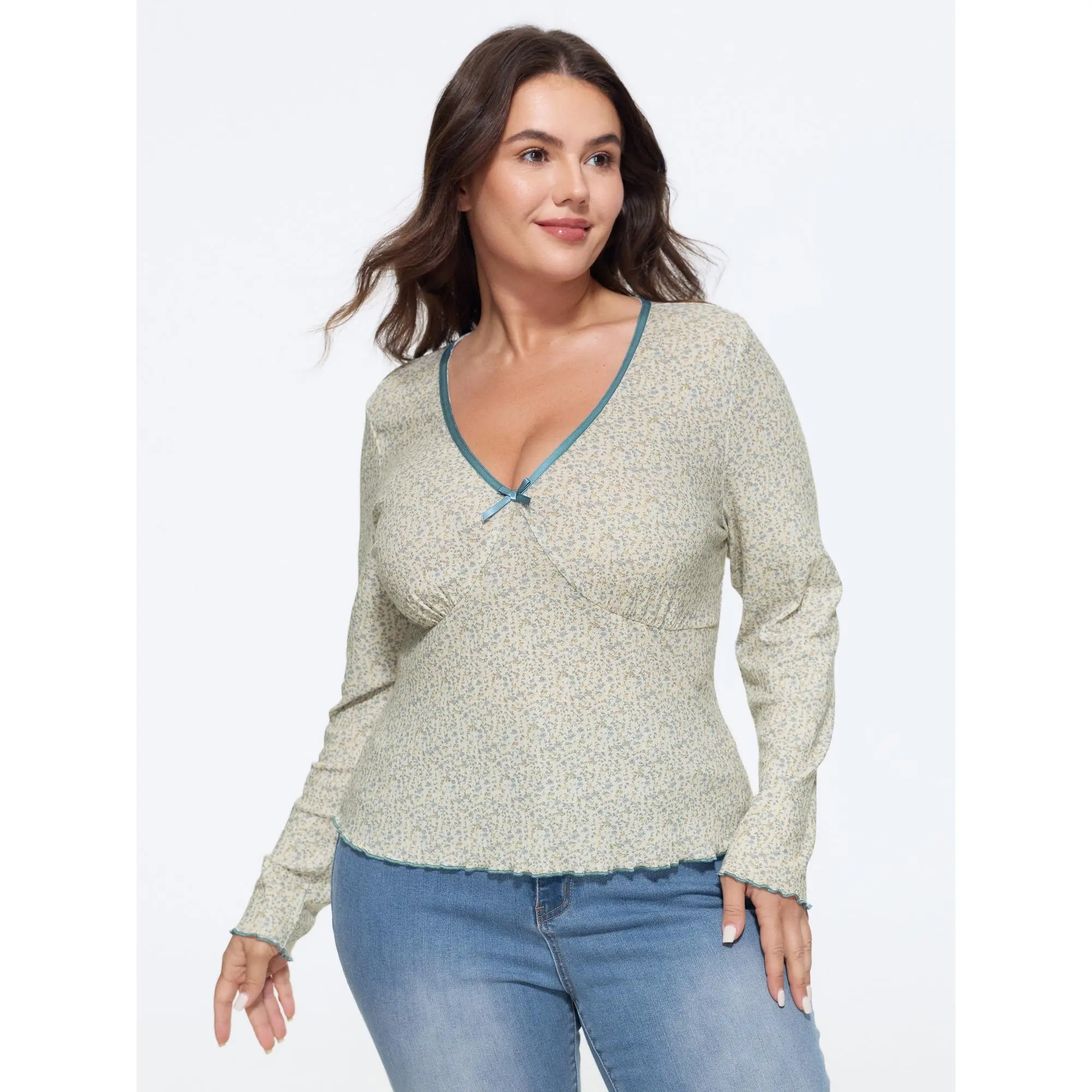 BLOOMCHIC Plus Size Ditsy Floral Print V‑Neck Satin Bow Detail T‑Shirt[M-6X] Back To School,Spotlight Day