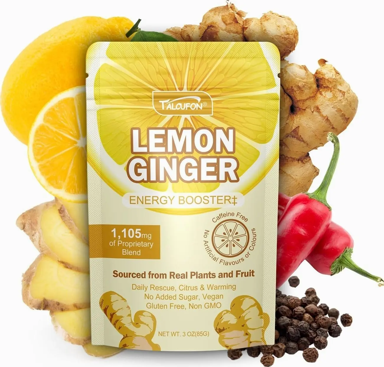 Talcufon Lemon Ginger Blend Superfood Powder with MCT Oil, Turmeric, Ginger, Ture Lemon Powder, Acacia Fiber Powder, Cayenne Powder, Black Pepper Powder All Natural, Caffeine-Free 3Oz (85G)