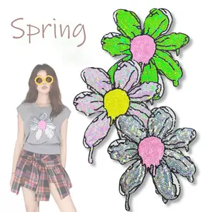 Large Size Three Flower Sequined Embroidery Cloth Patch DIY Floral Clothes Bag Jacket Iron-On Repair Hole Sewing Applique Sparkle Sequins