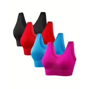 4 Pack Plus Size Sports Bra Set, Women's Plus Solid Elastic Comfort & Breathable Sporty Tank Bra 4pcs Set